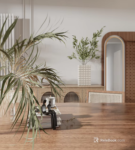 Living Dining Room Interior Design With Wooden Table Rattan Chairs Green Plants and Mirror 3d model 
