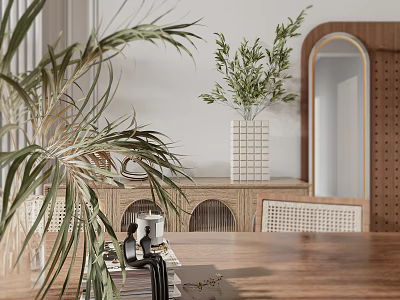 Living Dining Room Interior Design With Wooden Table Rattan Chairs Green Plants and Mirror 3d model