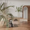 Living Dining Room Interior Design With Wooden Table Rattan Chairs Green Plants and Mirror
