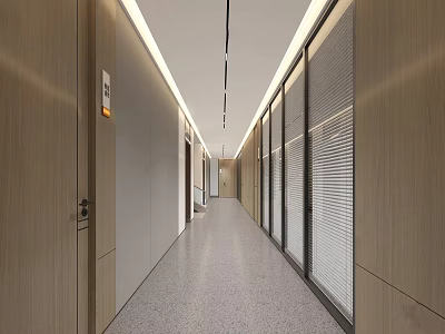 Modern Office Corridor With Wooden Walls Glass Partitions Light Strips And Terrazzo Flooring 3d model