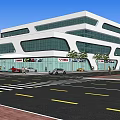 Modern Building Exterior Design With Glass Curtain Wall Front Lawn And Parked Cars