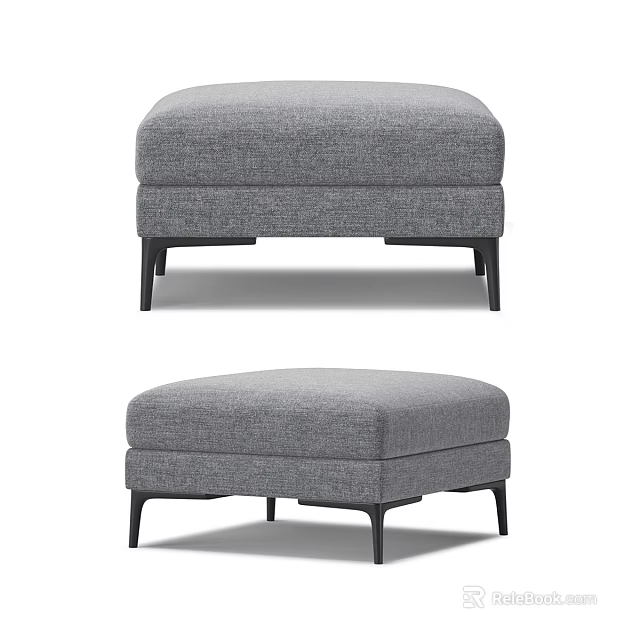 Gray Upholstered Ottoman Stool With Black Metal Legs Modern Design 3d model 