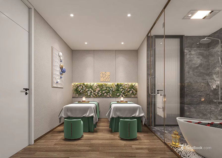 Modern SPA Sauna Room With Massage Tables Green Plant Wall And Bathtub 3d model 