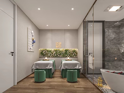 Modern SPA Sauna Room With Massage Tables Green Plant Wall And Bathtub 3d model