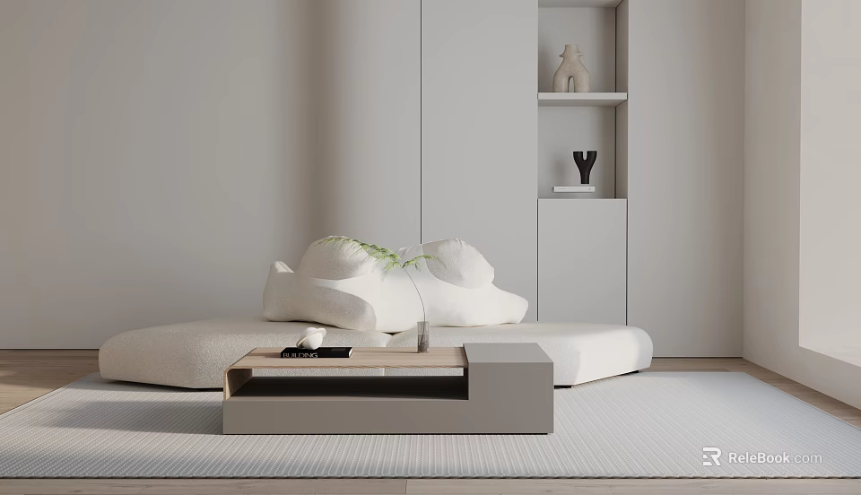 Modern Minimalist Living Room with White Three-Seater Sofa Coffee Table Green Plant and Storage Cabinet 3d model 