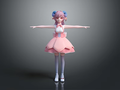 Anime 3D Character Girl With Blue Ram Horns Pink Petal Dress And Outstretched Arms 3d model