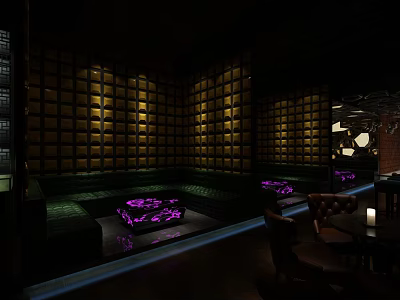 Dark Bar Interior With Yellow Square Walls Green Sofas And Purple Lit Coffee Tables 3d model