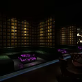 Dark Bar Interior With Yellow Square Walls Green Sofas And Purple Lit Coffee Tables