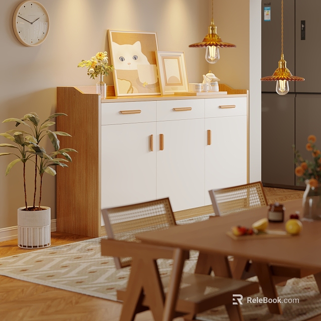 Modern White And Wooden Dining Room Sideboard With Dining Table Chairs Plants And Decorations 3d model 