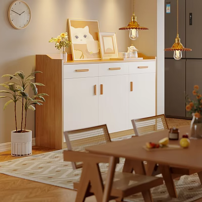 Modern White And Wooden Dining Room Sideboard With Dining Table Chairs Plants And Decorations 3d model