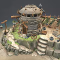 Vibrant Cartoon Seaside Stone Hut Scene With Rocks Hanging Clothes Barrels Wagon Wheel and Shed