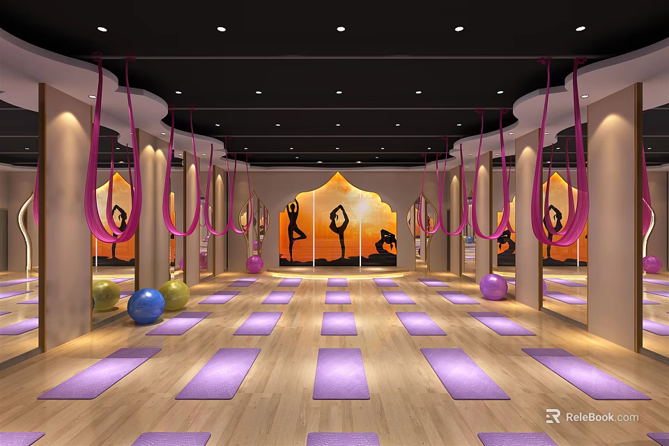 Yoga Fitness Studio With Purple Mats Aerial Hammocks And Yoga Balls 3d model 