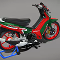 Green Red White Spirit Motorcycle Featuring Black Seat Red Wheels and Blue Stand