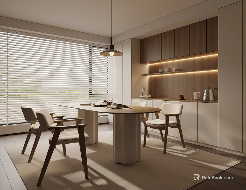 Modern Restaurant Interior With Window Blinds Pendant Light Dining Table And Wooden Cabinets 3d model
