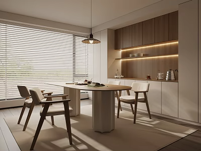 Modern Restaurant Interior With Window Blinds Pendant Light Dining Table And Wooden Cabinets 3d model