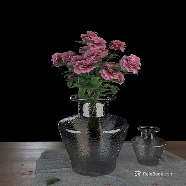 Fresh Pink Flowers In Textured Transparent Glass Vase On Wooden Table Against Black Background 3d model 