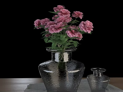 Fresh Pink Flowers In Textured Transparent Glass Vase On Wooden Table Against Black Background 3d model