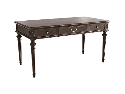 Classic Dark Wood Desk with Decorative Legs and Drawers Featuring Metal Handles 3d model