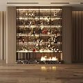 Modern Decorative Display Cabinet With Glass Doors Wine Bottles Decorations Warm Lighting And Wooden Background