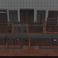 Stainless Steel Commercial Kitchen Equipment with Refrigerators Display Cabinets and Worktables on Red Tiled Floor