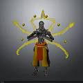 Silver Mechanical Character With Red Sash Yellow Energy Arms And Golden Orbs