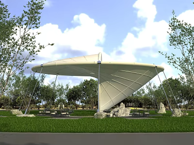 Modern Garden Landscape with White Tensile Membrane Structure Green Lawn Trees Stones and Seats 3d model