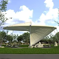 Modern Garden Landscape with White Tensile Membrane Structure Green Lawn Trees Stones and Seats