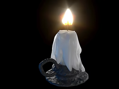 Candle Lamp With White Candle Melting Wax Black Base Ring Design And Burning Flame 3d model