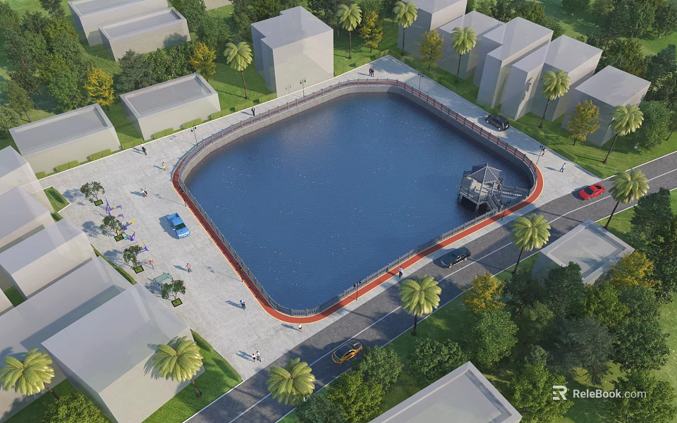 Tranquil Garden Landscape With Central Pond Surrounding Buildings Palm Trees And Paths 3d model 