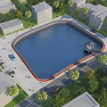 Tranquil Garden Landscape With Central Pond Surrounding Buildings Palm Trees And Paths