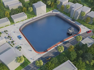 Tranquil Garden Landscape With Central Pond Surrounding Buildings Palm Trees And Paths 3d model