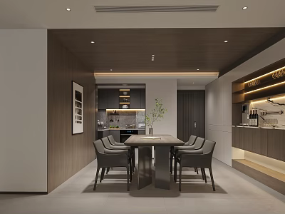 Modern Restaurant Interior With Dining Table Chairs Wooden Walls And Recessed Lighting 3d model