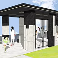 Modern Open Air Building Space With People Gathered Green Lawn And Blue Sky