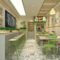 Cute Cartoon Cat Themed Mall Shop With Green White Decor Bar Counter And Tables