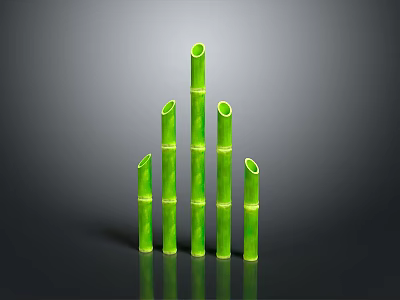 Green Bamboo Stems in Tower like Arrangement with Gray Background and Reflective Surface 3d model