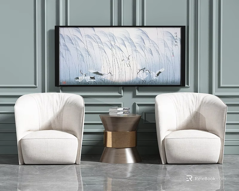 Storage Cabinet In Modern Living Room With Gray Walls And Beige Armchairs 3d model 