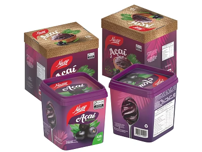 Jussara Organic Acai Food Products in Purple Containers and Brown Boxes 3d model
