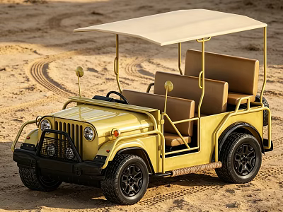 Yellow Jeep Style Model Car with Canopy Top Four Seats on Sandy Terrain 3d model