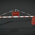 Weathered Red And White Striped Barrier With KEEP OUT Sign Supported By Red Posts