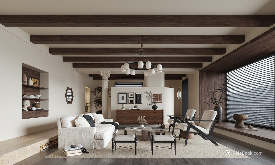 Modern Living Room Interior With Wooden Beam Ceiling Sofa And Decorative Art 3d model 