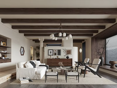 Modern Living Room Interior With Wooden Beam Ceiling Sofa And Decorative Art 3d model