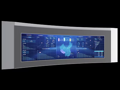 Long Flat Computer Display Screen With Blue Interface Data Charts Map And Real Time Dashboard 3d model