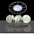 Enchanting Stage Featuring Green Laser Beams Blue Circular Screen Forest Background and Reflective Base
