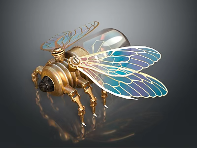 Steampunk Mechanical Bee With Golden Body Transparent Wings And Colorful Patterns 3d model