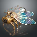 Steampunk Mechanical Bee With Golden Body Transparent Wings And Colorful Patterns