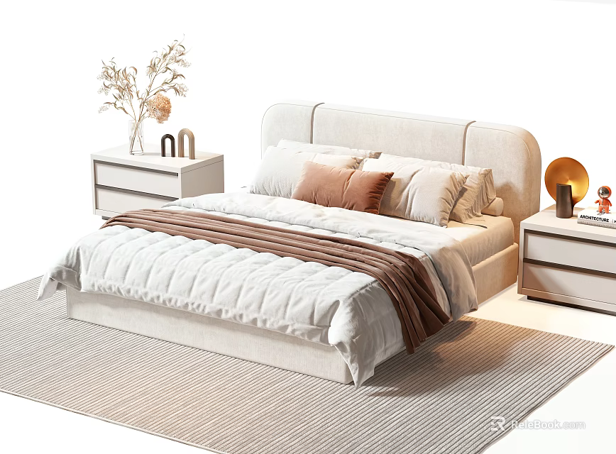 Modern Double Bed Interior with Pillows Blanket Nightstands Dried Flower Vase and Table Lamp 3d model 