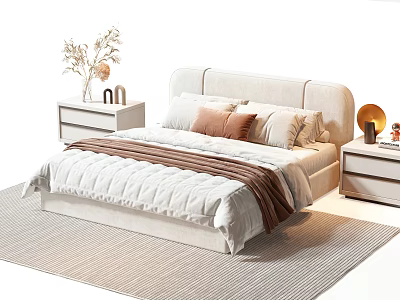 Modern Double Bed Interior with Pillows Blanket Nightstands Dried Flower Vase and Table Lamp 3d model
