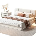 Modern Double Bed Interior with Pillows Blanket Nightstands Dried Flower Vase and Table Lamp
