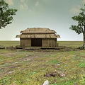 Traditional Thatched Roof Hut Surrounded By Large Trees On Open Grassland
