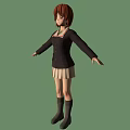 Red Haired Character With Black Coat Light Pleated Skirt And Black Boots On Green Background